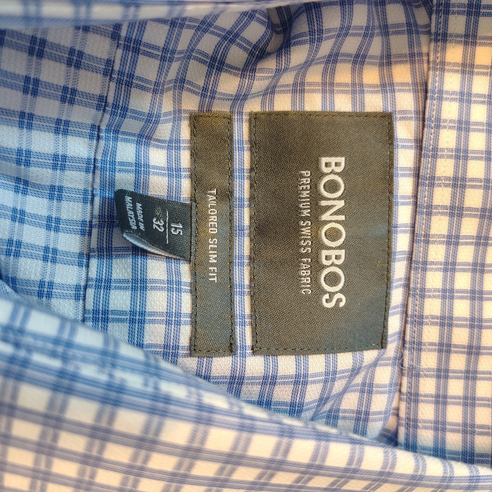 Bonobos Tailored Slim Fit Dress Shirt Blue White Check Premium Swiss Fabric 15 - Picture 5 of 7